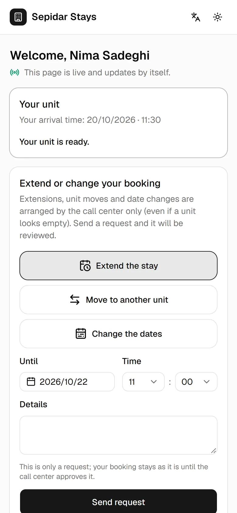 Check-in and the guest's signature