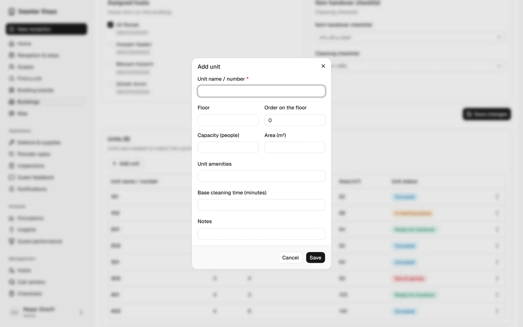 Type the unit name or number, then add its floor, capacity, area and amenities.