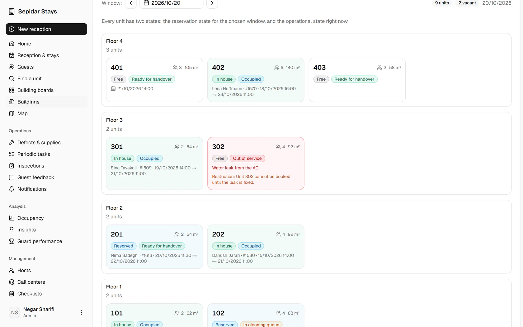 Every unit shows two states, booking and operational, like unit 302 which is out of service.