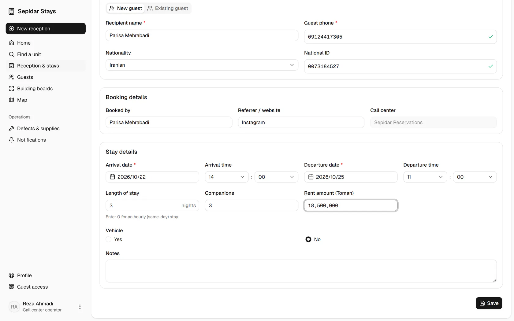 Fill in the referrer, companions and amount, then save the booking.