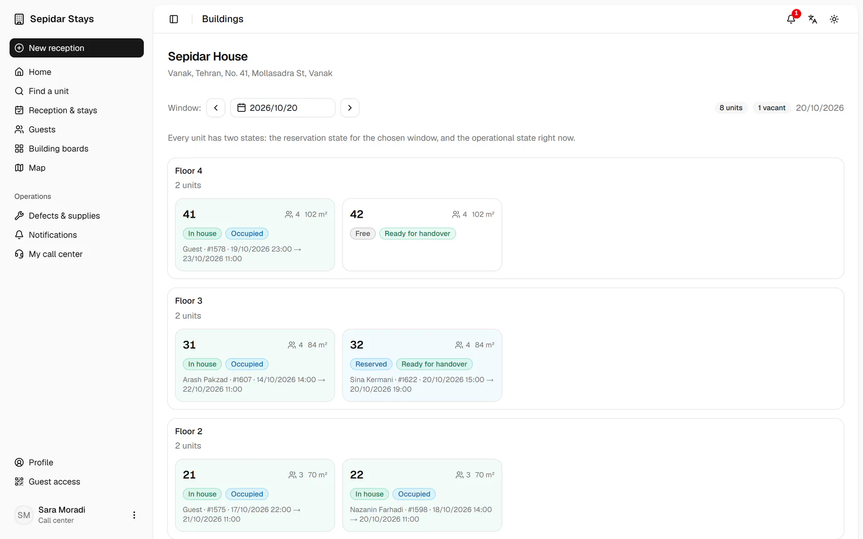 Floors run top to bottom, and each unit shows two states: booking and operational.