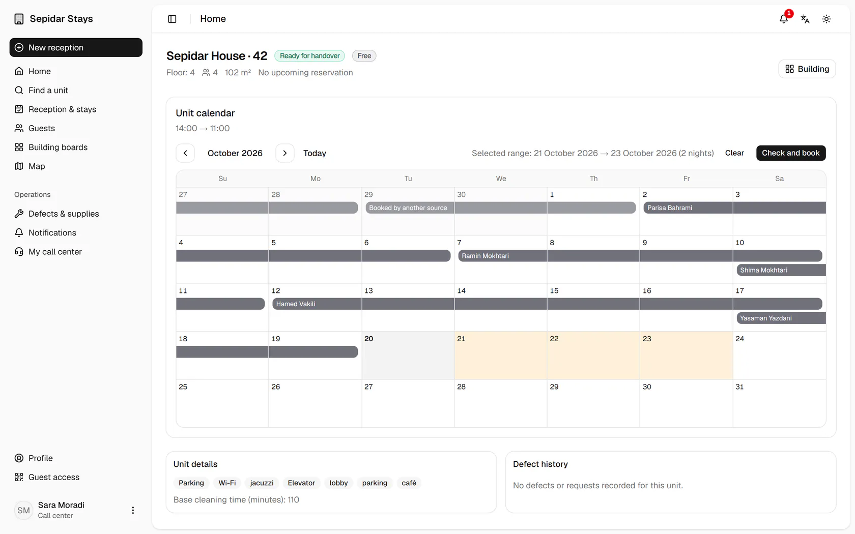 The chosen range appears above the calendar; press Check and book.