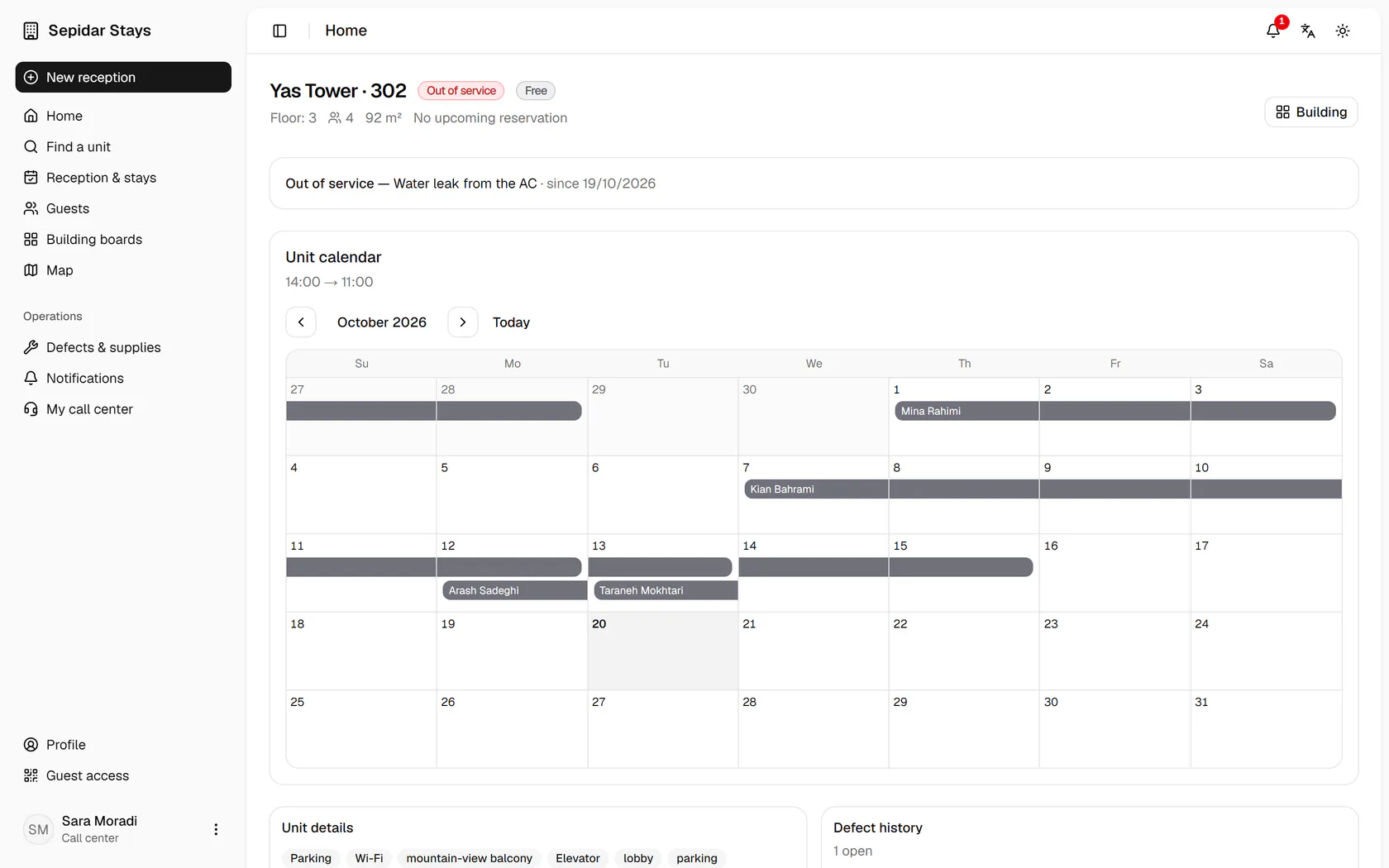 The unit is out of service with the reason above its calendar; open the building board.
