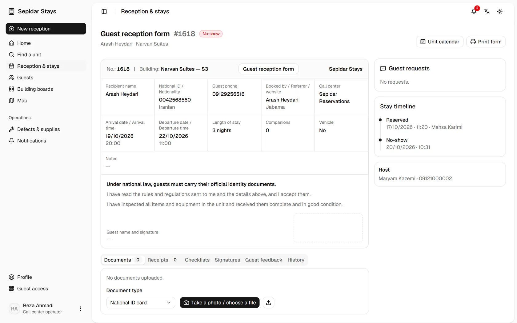 The booking now shows No-show, and the event is added to the stay timeline.
