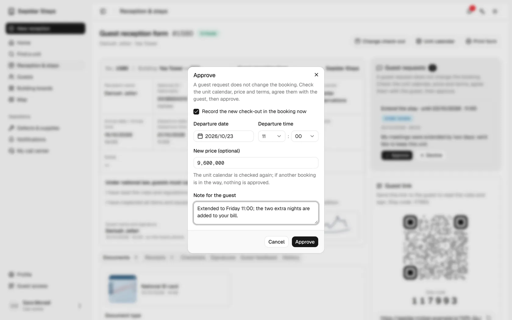 Add a note for the guest and confirm; the unit calendar is checked again.