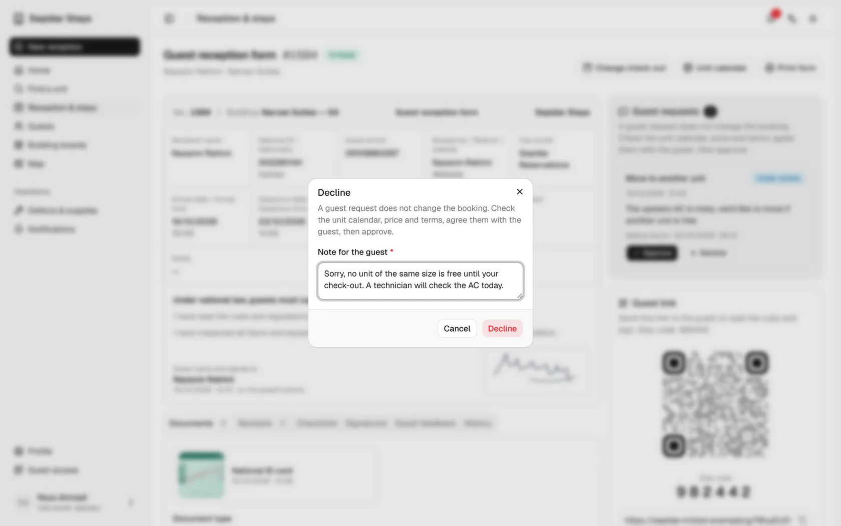 Confirm the decline; the guest sees the answer on the live guest page.