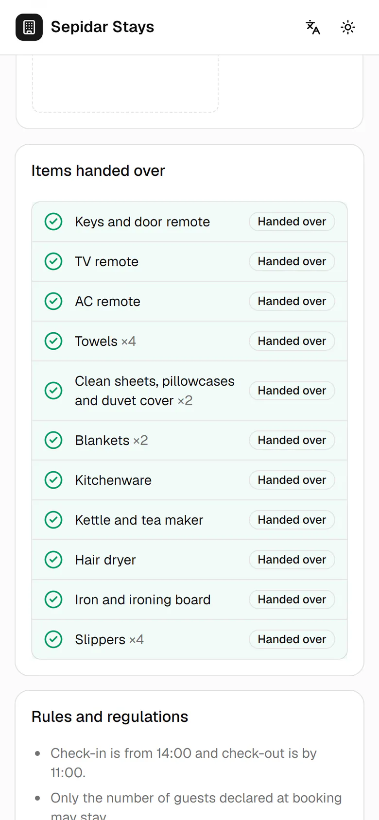 Each item the host ticks shows as handed over on the guest's phone right away.