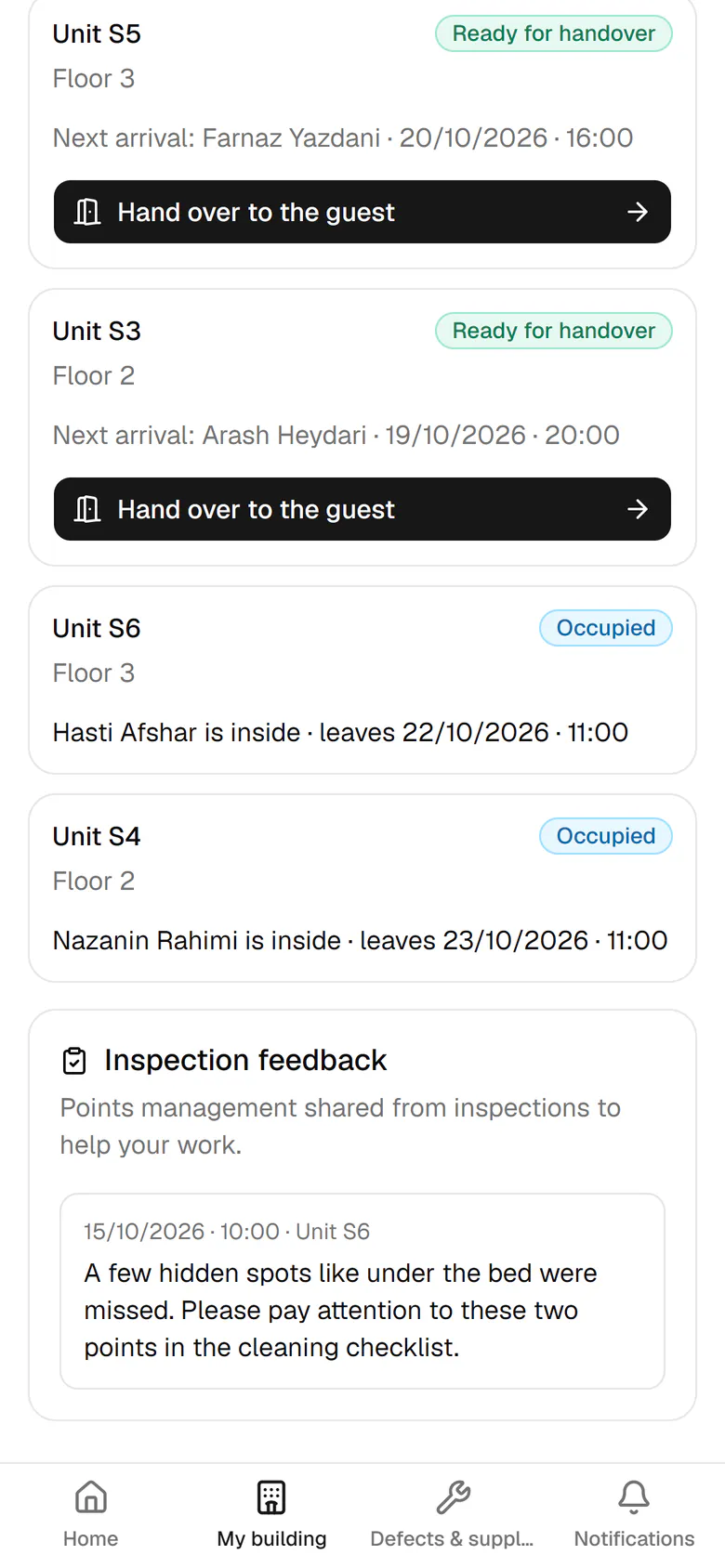 At the bottom, the inspection feedback for unit S6 shows what to watch next time.