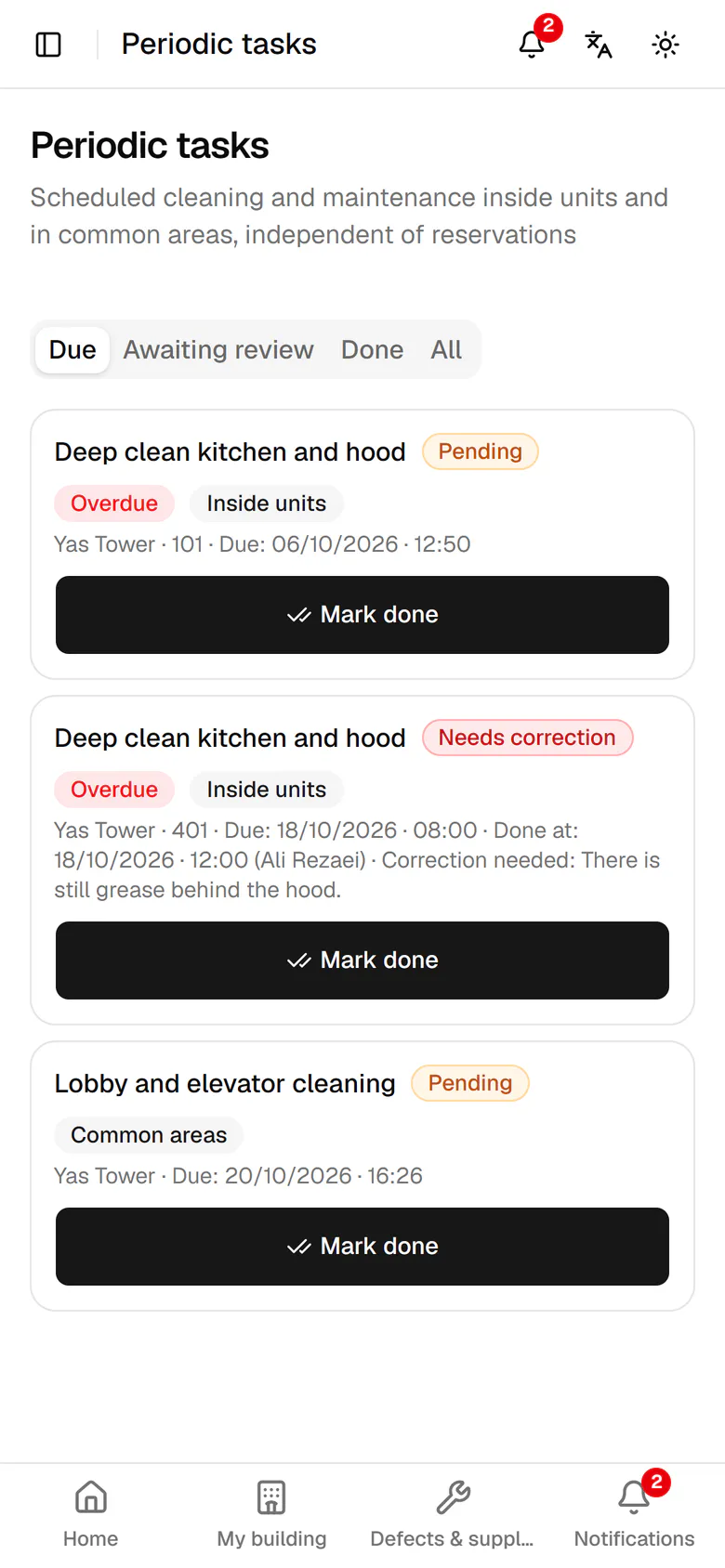 The lobby and elevator are clean. Tap Mark done.