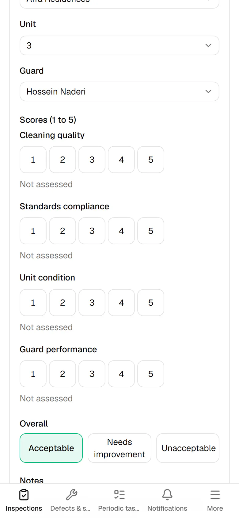Score cleanliness, standards, unit condition and host performance from 1 to 5.