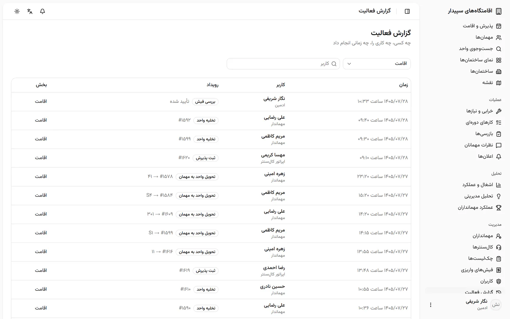 ورودها، تخلیه‌ها و پذیرش‌ها به ترتیب زمان آمده‌اند؛ حالا «اعلان‌ها» را باز کنید.