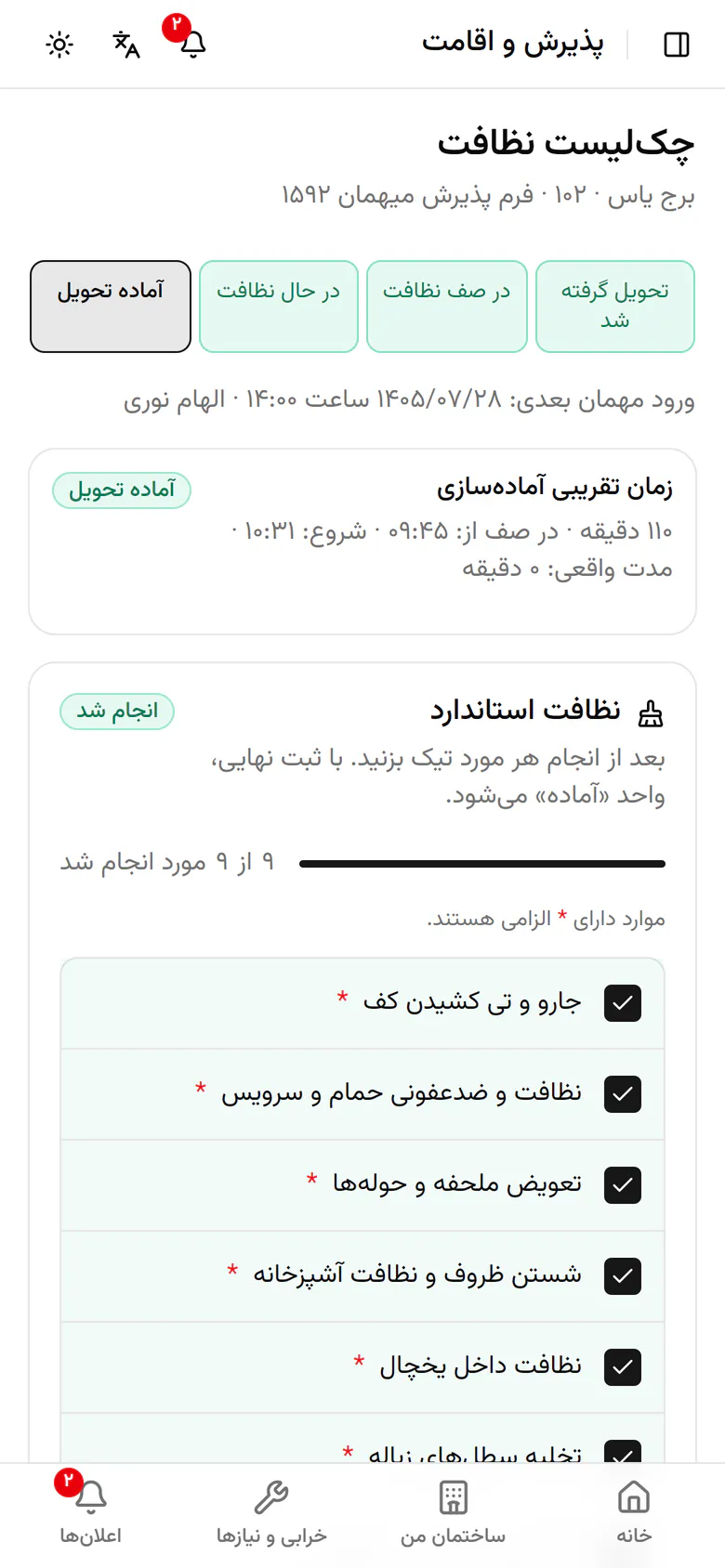 واحد حالا آماده‌ی تحویل است و مدت واقعی نظافت هم ثبت شد.