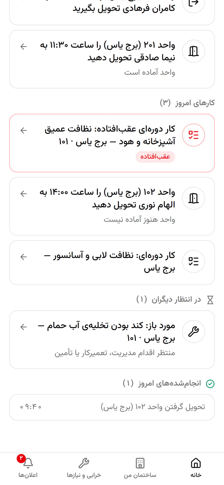 کارهایی که منتظر مدیریت، تعمیرکار یا تأمین هستند جدا نشان داده می‌شوند.