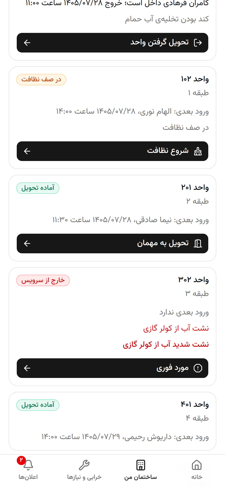 دکمه‌ی پایین هر کارت قدم بعدی است. تحویل به مهمان را بزنید.